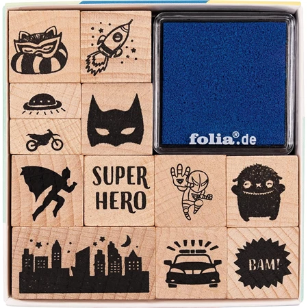 Nyomda szett fa 14db/csomag Szuperhősök fa bélyegzőkészlet, 12 fa bélyegzővel és 2 bélyegzőpárnával fekete és kék