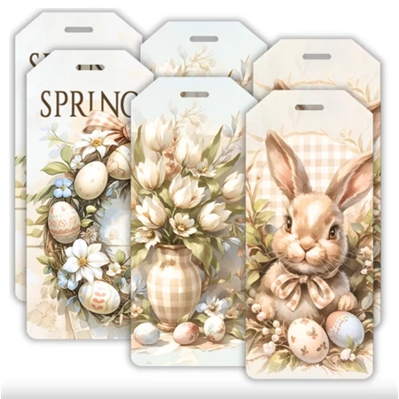 Nyomtatott dekorkarton 2mm vastag 5,7x2,5cm, Húsvéti pasztell biléták 6db/csomag