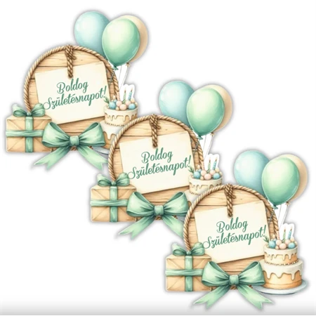 Nyomtatott dekorkarton 2mm vastag 6x6cm, Lufis torta szülinapos 3db/csomag