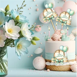 Nyomtatott dekorkarton 2mm vastag 6x6cm, Lufis torta szülinapos 3db/csomag