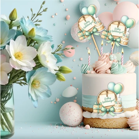 Nyomtatott dekorkarton 2mm vastag 6x6cm, Lufis torta szülinapos 3db/csomag