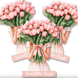 Nyomtatott dekorkarton 2mm vastag 7x5cm, Tulipános lány 3db/csomag