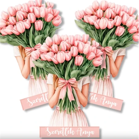 Nyomtatott dekorkarton 2mm vastag 7x5cm, Tulipános lány 3db/csomag