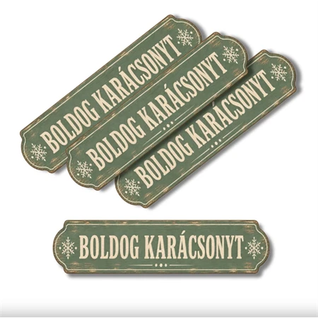 Nyomtatott dekorkarton 2mm vastag, 8x2cm, Boldog Karácsonyt zöld 4db/csomag