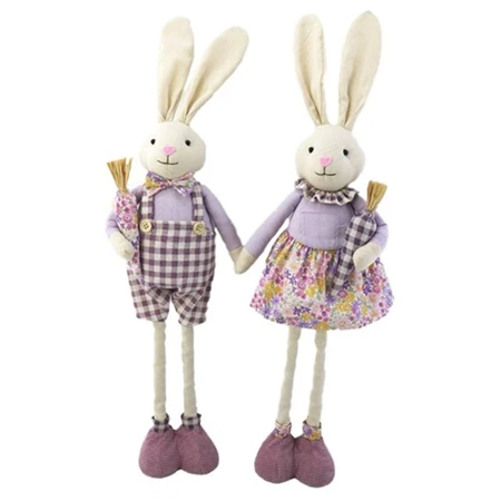 Nyúl fiú, lány répával teleszkópos lábbal textil 24x14x95 cm bézs, lila 2 féle, 1db