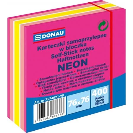 Öntapadó jegyzet DONAU 76x76mm, 400 lap, neon, pasztell mix, rózsaszín árnyalatok