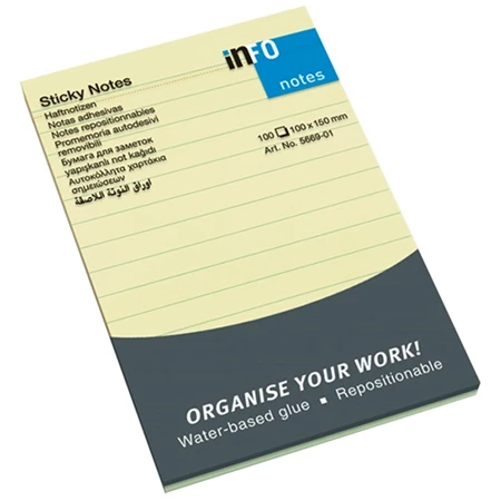 Öntapadós jegyzettömb Info Notes 100x150mm 100 lapos sárga vonalas