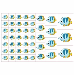 Óvodai címke, öntapadó matrica  A/5 méretben 35+12 jel hal kék test - sárga uszony