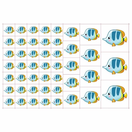 Óvodai címke, öntapadó matrica  A/5 méretben 35+12 jel hal kék test - sárga uszony