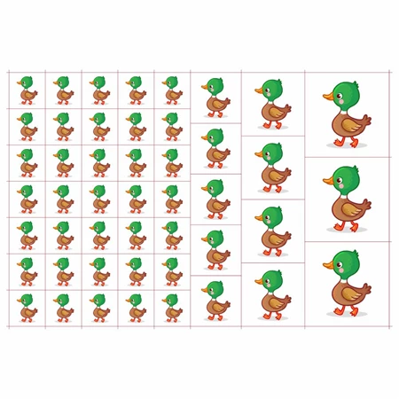 Óvodai címke, öntapadó matrica  A/5 méretben 35+12 jel kacsa, zöld-barna