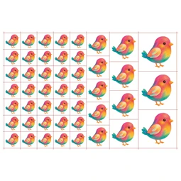 Óvodai címke, öntapadó matrica  A/5 méretben 35+12 jel madár színes