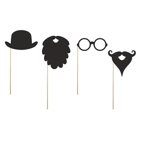 Party kellék pálcával, papír, fekete, vegyes, 4db/csomag