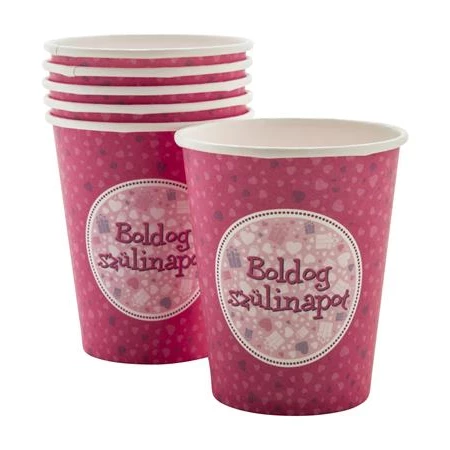 Party papír pohár 2,5dl 6db/csomag Boldog Születésnapot felirattal rózsaszín