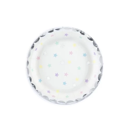 Party tányér 18cm 6db/csomag fehér, ezüst szegéllyel csillagos