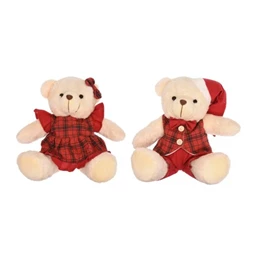 Plüss Maci kockás ruhában ülő, textil, 25 cm, piros, fehér, 2 féle