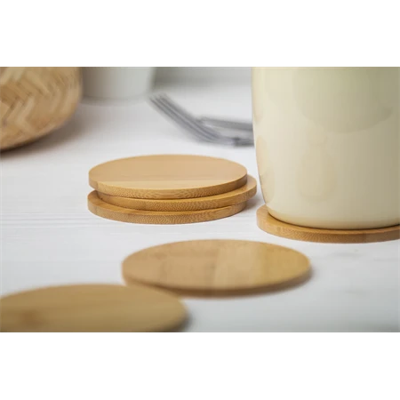 Poháralátét bambuszból, natúr 6 db-os poháralátétszett zsinóros pamut tasakban 120x150 mm