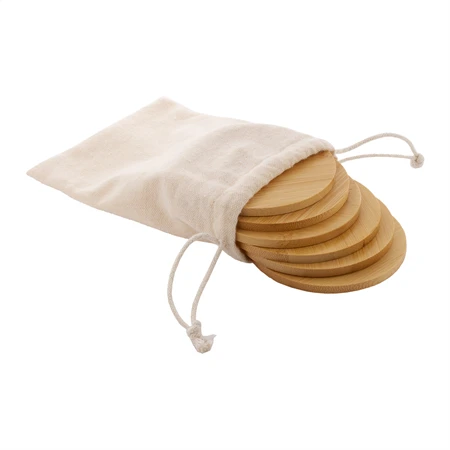 Poháralátét bambuszból, natúr 6 db-os poháralátétszett zsinóros pamut tasakban 120x150 mm