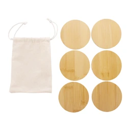 Poháralátét bambuszból, natúr 6 db-os poháralátétszett zsinóros pamut tasakban 120x150 mm