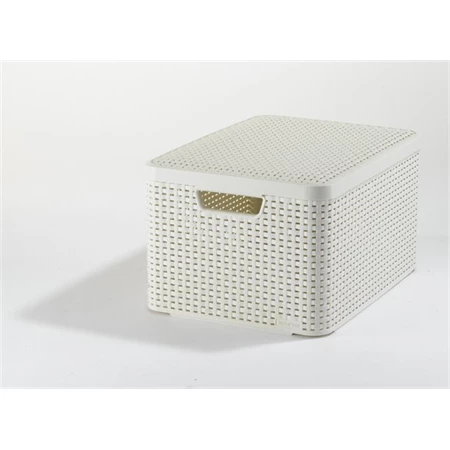 Rattan hatású kosár, 30 literes, törtfehér, tetővel
