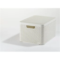 Rattan hatású kosár, 30 literes, törtfehér, tetővel