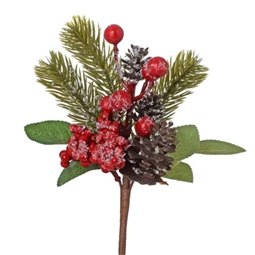 Selyemvirág ág fenyővel, bogyóval, tobozzal, deres, betűzős műanyag 20cm zöld/piros