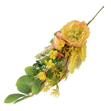 Selyemvirág ág peoniával, hortenziával 50cm zöld, sárga