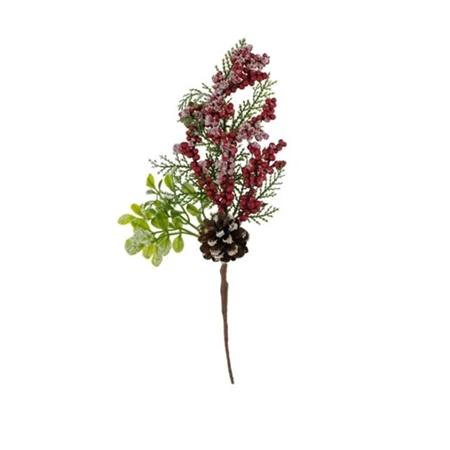 Selyemvirág ág tobozzal, bogyóval, műanyag, 30cm, zöld-piros