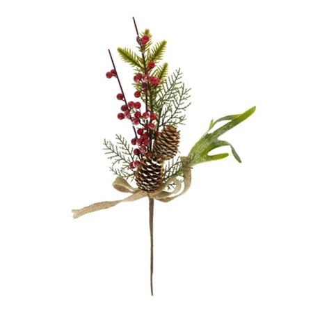 Selyemvirág fenyőág deres, bogyóval, tobozzal műanyag 34cm zöld-piros