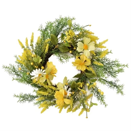 Selyemvirág koszorú nyári virágokkal 50cm zöld, sárga