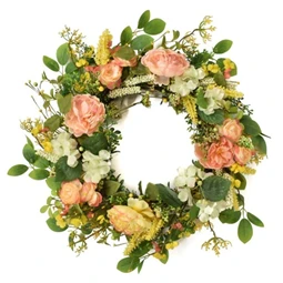 Selyemvirág koszorú peoniával, hortenziáva 75cm zöld, narancs