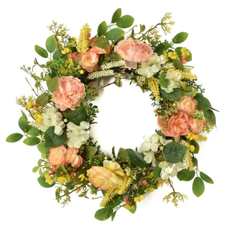 Selyemvirág koszorú peoniával, hortenziáva 75cm zöld, narancs