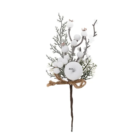 Selyemvirág thujaággal, bogyóval, almával, havas, betűzős műanyag 28 cm zöld, fehér
