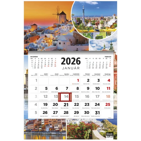 Speditőrnaptár 2026 TOPTIMER T081 álló egy tömbös 3 havi városok