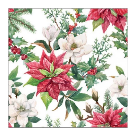 Szalvéta 1db 25x25cm Christmas Florals, Karácsonyi virágok