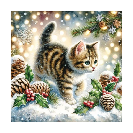 Szalvéta 1db 25x25cm Cute Cat in the snow, Cuki cica a hóban