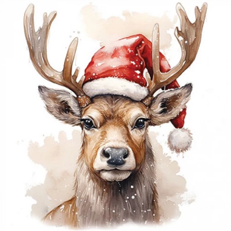 Szalvéta 1db 25x25cm Deer with Santa hat white, Szarvas Mikulás sapkában fehér