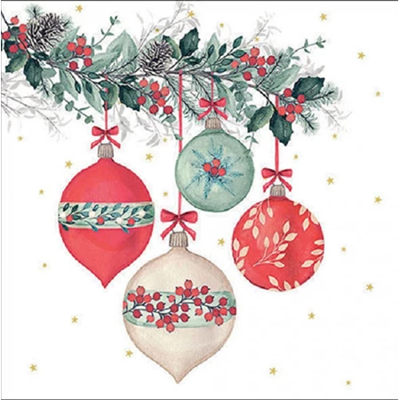 Szalvéta 1db 33x33cm Berry baubles white, Bogyós díszek fehér
