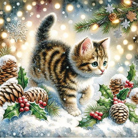 Szalvéta 1db 33x33cm Cute Cat in the snow, Cuki cica a hóban