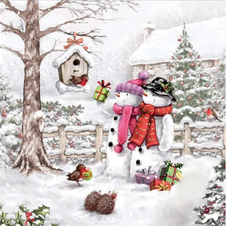 Szalvéta 1db 33x33cm Snowman bringing gifts, Ajándékozó hóember