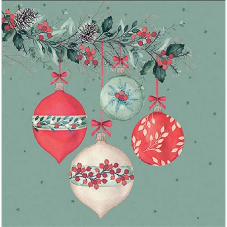 Szalvéta 33x33cm 20db/csomag Berry baubles green, Bogyós díszek zöld
