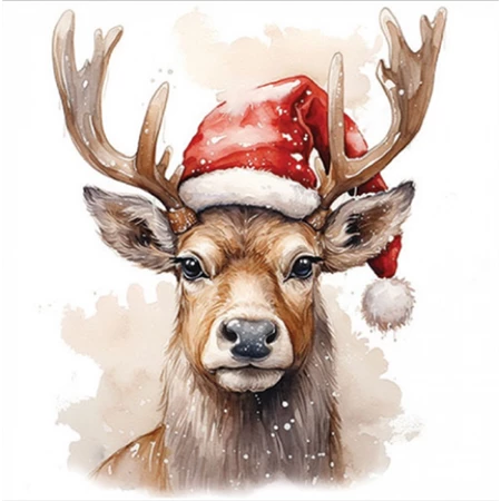 Szalvéta 33x33cm 20db/csomag, Deer with Santa hat white, Szarvas Mikulás sapkában fehér