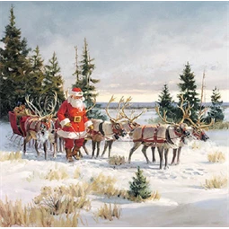 Szalvéta 33x33cm 20db/csomag Santa with his reindeers, Mikulás a rénszarvasaival