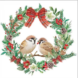 Szalvéta 33x33cm 20db/csomag Sparrows in wreath, Verebek koszorúban