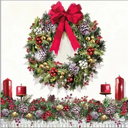 Szalvéta 33x33cm 20db/csomag Bow on Wreath, Karácsonyi ajtókoszorú