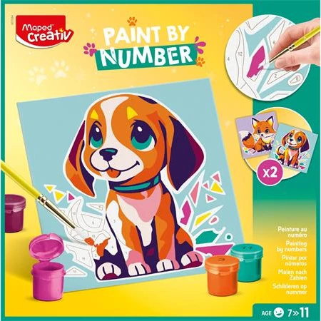 Számfestő készlet, MAPED CREATIV Paint by number, 2 db számozott vászon kutya és róka + ecset és festék