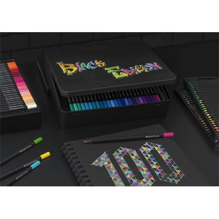 Színes ceruza készlet 100db-os Faber-Castell  háromszögletű, fekete test, 116490 Black Edition, fém dobozban