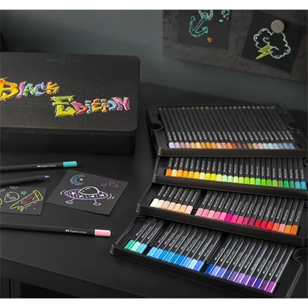 Színes ceruza készlet 100db-os Faber-Castell  háromszögletű, fekete test, 116490 Black Edition, fém dobozban