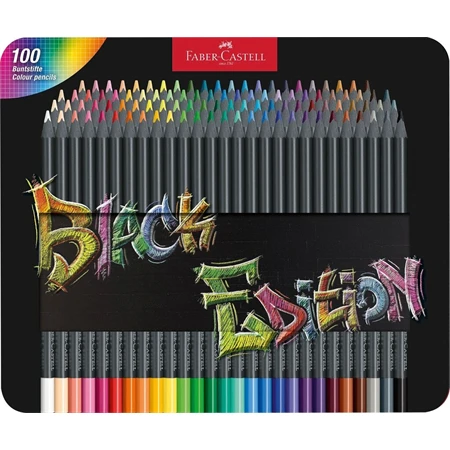 Színes ceruza készlet 100db-os Faber-Castell  háromszögletű, fekete test, 116490 Black Edition, fém dobozban