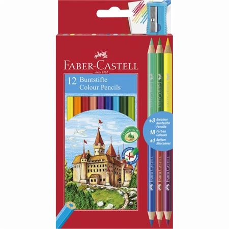 Színes ceruza készlet 12db-os + 3 bicolor ceruza FABER hatszögű test, 110312