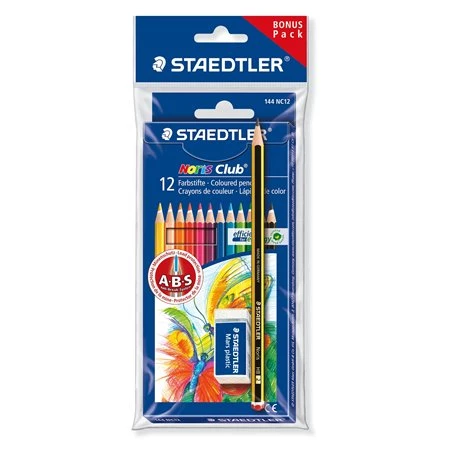 Színes ceruza készlet 12db-os STAEDTLER Noris Club hatszögletű, ajándék grafitceruzával és radírral